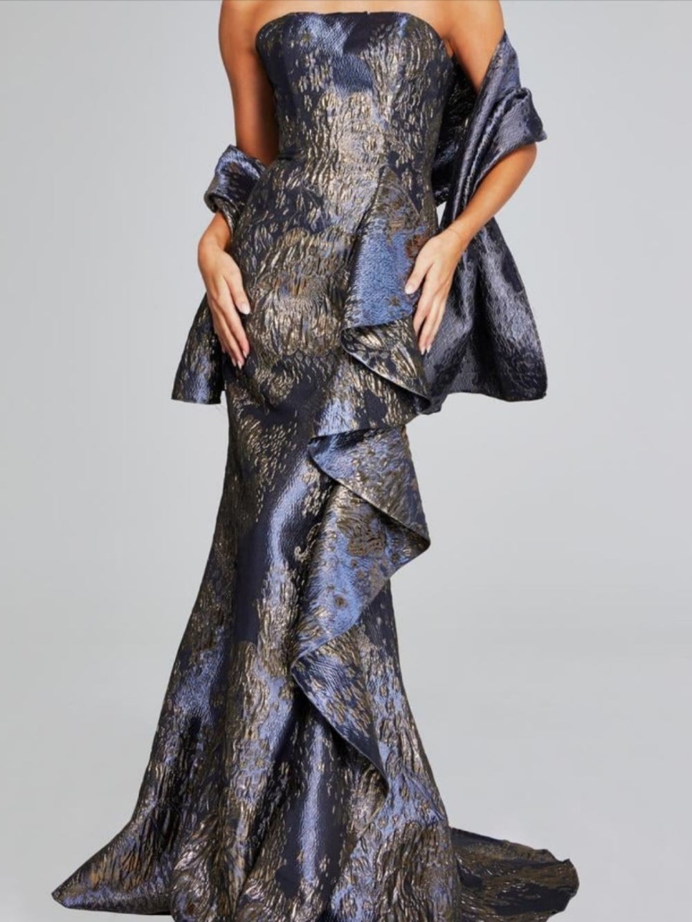 Jovani Metallic Navy and Gold Strapless Ruffle Gown (Jovani Evening 42028)